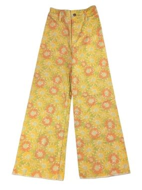 Zara Floral Wide Leg Jeans Yellow Orange Daisy Print Raw Hem Size 4-6